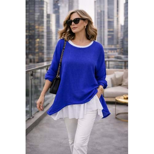 Premium Katmanlı Keten Oversize Bluz – Uzun İç T-Shirt 2 Parça - MAVİ - STANDART