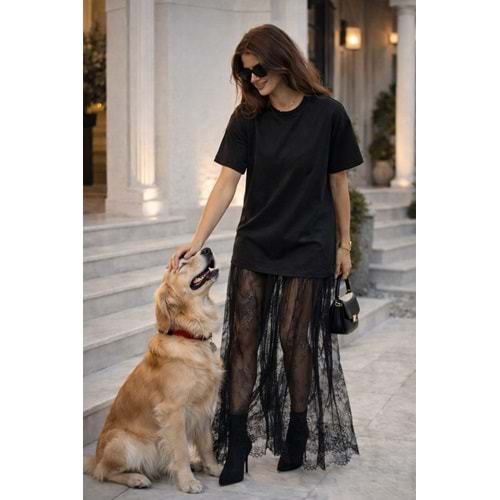 Midnight Lace Elbise Minimal Üst & Dantel Transparan Maxi Alt - SİYAH - L