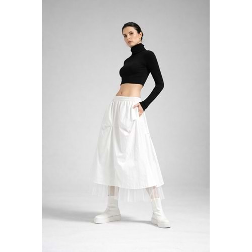 Atelier Tasarım Tül Katmanlı Siyah / Beyaz Midi Etek - BEYAZ - L