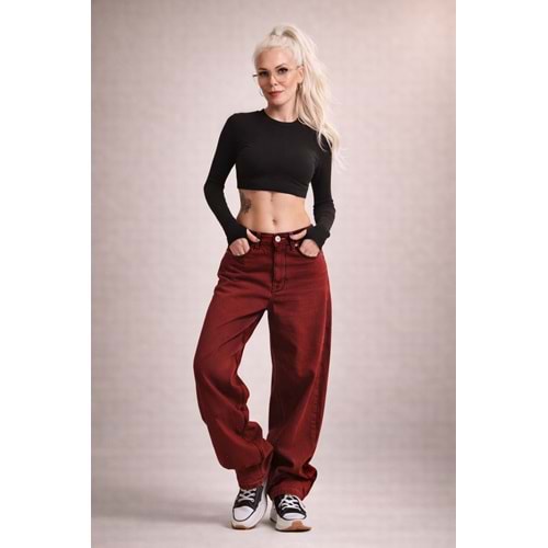 Bordo Renk Skater Fit %100 Cotton Yıkamalı Denim Pantolon - BORDO - 32