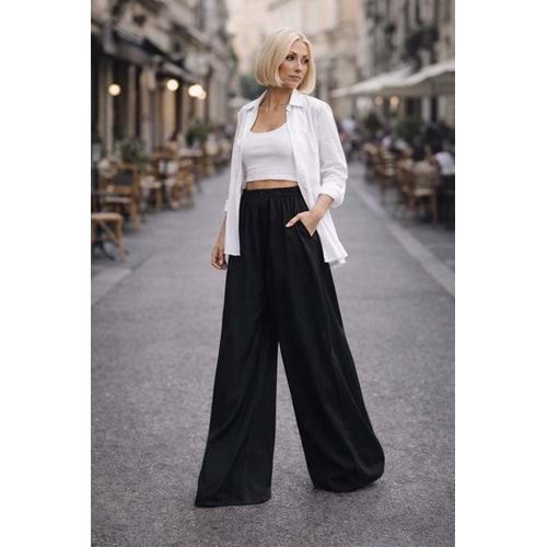 Geniş Paça Yüksek Bel Extra Oversize Tencel Pantolon NY Style! - SİYAH - L