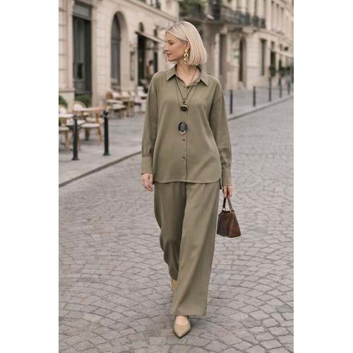 SOFT Olive Premium Dökümlü Pantolon Gömlek Takım - HAKİ - L
