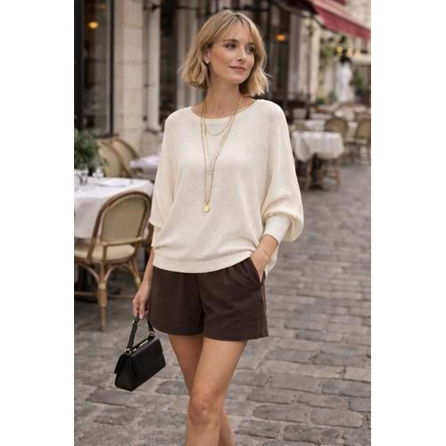 Yarasa Kol Düşük Omuz Baharlık Triko - Siyah - Krem Renk - KREM - M