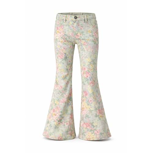 Kız Çocuk Retro Pastel Renk Çiçek Desen Kot Pantolon İspanyol - YEŞİL - 11 YAŞ