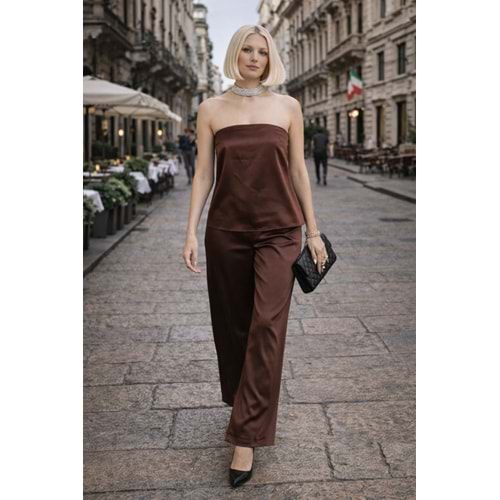 Bellisima Mocha Kahve Saten Pantolon Bel Lastikli - L - ST00958-14818