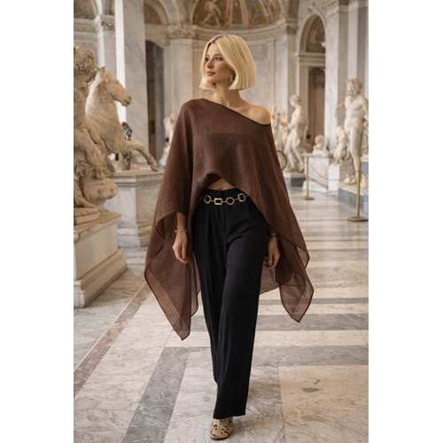 Kadın Kahverengi Dökümlü Tül Bluz - Draped Elegant Muse