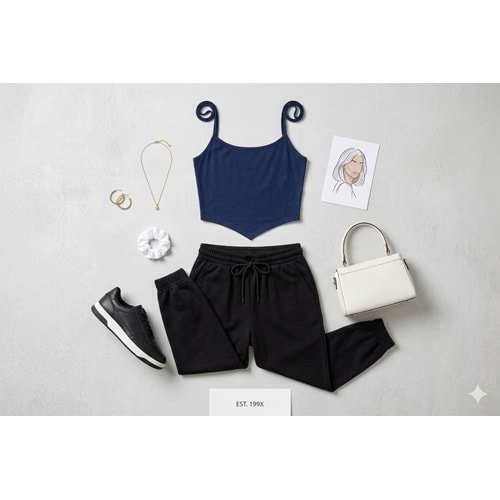 Essential Basic Strap Crop -Kendinden Sütyenli Basic Üst - LACİVERT - L