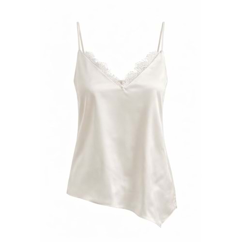 V Yaka Dantel Detay Bel Kesim Detaylı Saten Bluz - EKRU - M