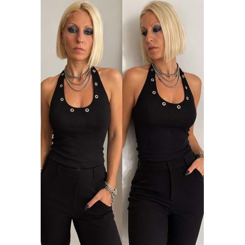 Halter Yaka Straplez Zımba Detay Kaşkorse Kolsuz Body