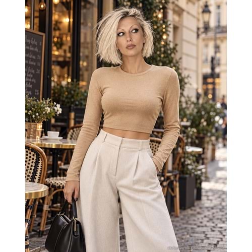 Monaco Basic Crop Bluz Uzun Kol Modal Pamuk - BEJ - L