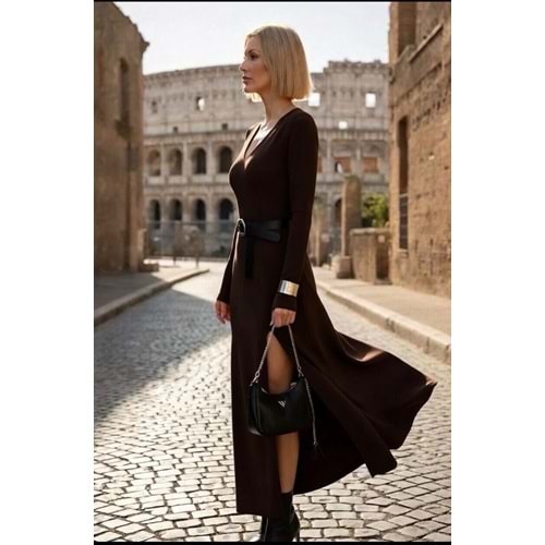 Midnight Black Diva Çift Yırtmaçlı Maxi Boy Elbise - Acı Kahve - L