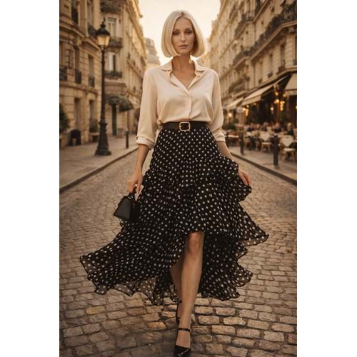70s Paris Style Polka Dot / Puantiye Uzun Etek Kat - Yırtmaç Detay - SİYAH - S
