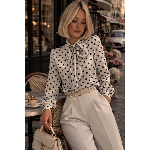 Vintage Paris Puantiye Bluz Coco Pois Ekru - Siyah - EKRU - L
