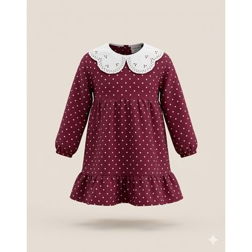 Kız Çocuk Bordo Beyaz Puantiye Elbise - BORDO - 3-4 YAŞ