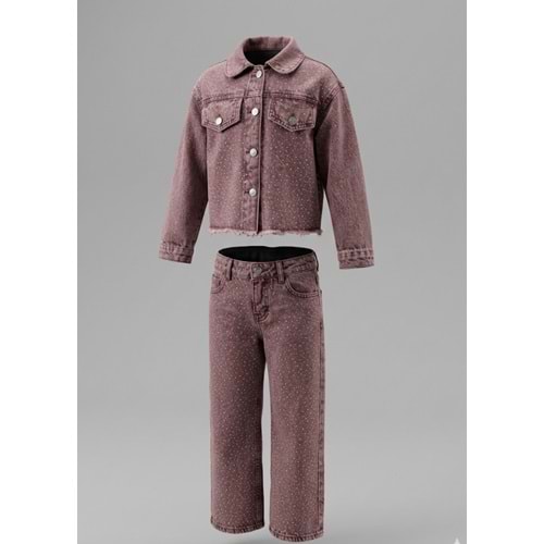 Kız Çocuk Serpme Taş Parıltı Detaylı Taşlama Denim Set Alt Üst Takım