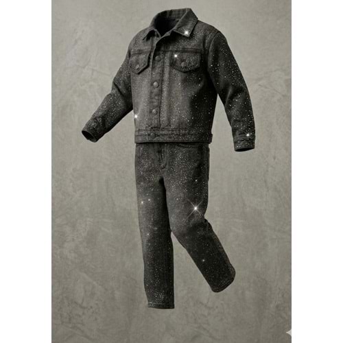 Kız Çocuk Serpme Taş Parıltı Detaylı Taşlama Denim Set Alt Üst Takım - SİYAH - 4-5 YAŞ