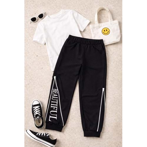 Beatiful Yazı - Fermuar Paça Detaylı Kız Çocuk Jogger Eşofman Altı - SİYAH - 10 YAŞ