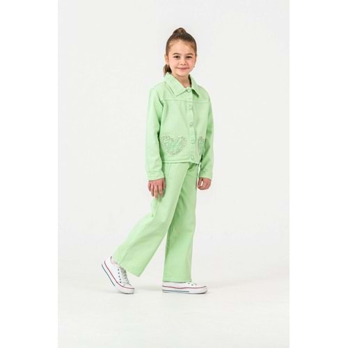 Kız Çocuk Kalpli Payetli Tasarın Kot Takım - YEŞİL - 3-4 YAŞ