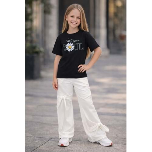 Kız Çocuk Papatya Sırt Baskı Detaylı T-Shirt Yeni Sezon - SİYAH - 11 YAŞ