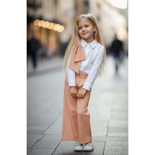 Kız Çocuk Beyaz Gömlek ve Somon Pantolon Alt Üst Set - Takım - SOMON - 3-4 YAŞ