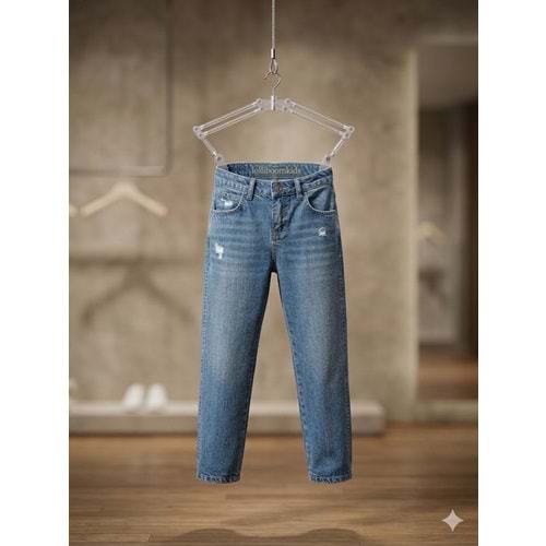 Erkek Çocuk Taşlamalı Yırtık Detaylı Denim - Kot Pantolon Lazer Kesim - AÇIK MAVİ - 14 YAŞ