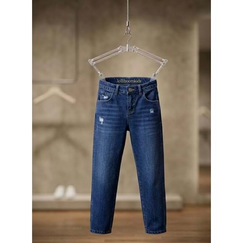Erkek Çocuk Taşlamalı Yırtık Detaylı Denim - Kot Pantolon Lazer Kesim - BLUE JEAN - 11 YAŞ