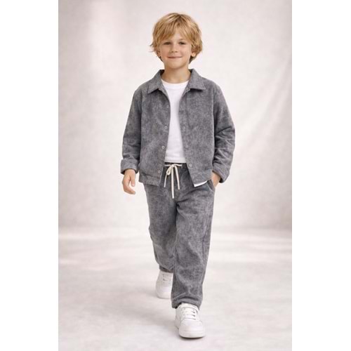 Erkek Çocuk Marble Efekt Pamuklu Alt Elegant Sportif Şık Takım 3 Parça - YIKAMALI GRİ - 4-5 YAŞ