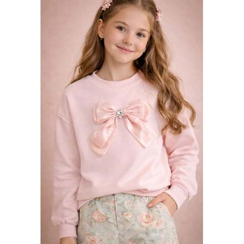 Kız Çocuk Soft Pembe Renk Yumoş Kumaş Fiyonk Detay Sweatshirt - PASTEL PEMBE - 10 YAŞ