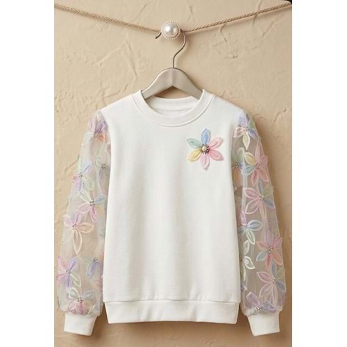 Garden Bloom Organze Kollu Kız Çocuk Sweatshirt - BEYAZ - 10 YAŞ