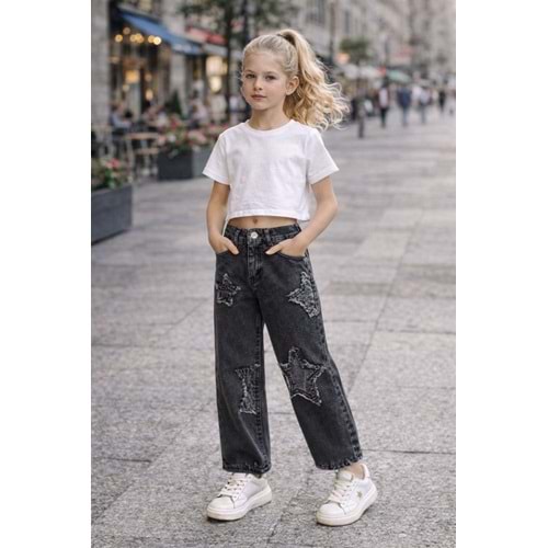 Yıldız Detaylı Siyah Yıkama - Taşlamalı Jean Pantolon - Cool / Trend Model - SİYAH - 10-11 YAŞ
