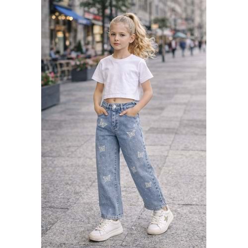 Kelebek İşlemeli Taş Detalı Açık Mavi Wide Leg Jean Pantolon - AÇIK MAVİ - 12-13 YAŞ