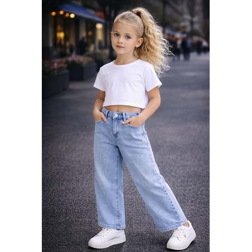 Kız Çocuk Wide Leg Parıltı - Taş Detaylı Kot Pantolon - Jeans - AÇIK MAVİ - 10-11 YAŞ