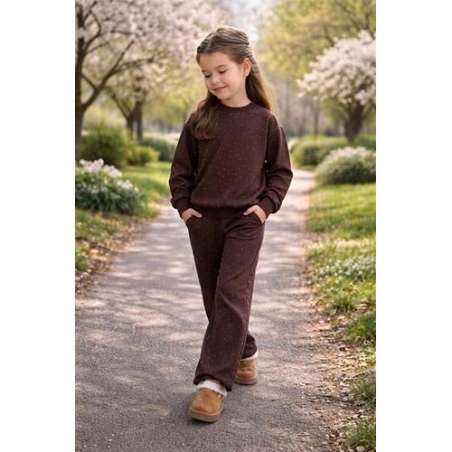 Choco Glow Taş Detay Alt Üst Takım - KAHVERENGİ - 11-12 YAŞ