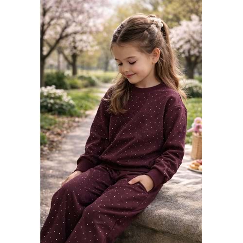Choco Glow Taş Detay Alt Üst Takım - Mürdüm - 9-10 YAŞ
