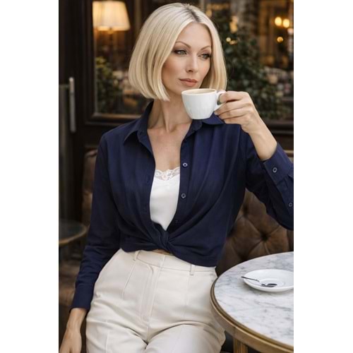 Bodyform Premium İç Dantel 2 Parça Görünümlü Bel Detaylı Gömlek - LACİVERT - L