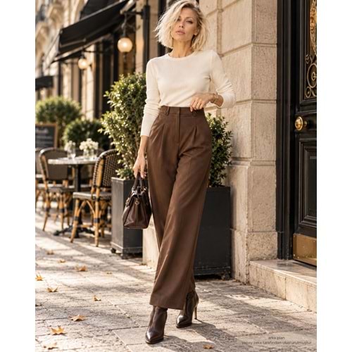 Mocha Signature High Waist Wide Leg Dökümlü Şehir Stili Pantolon - KAHVERENGİ - L