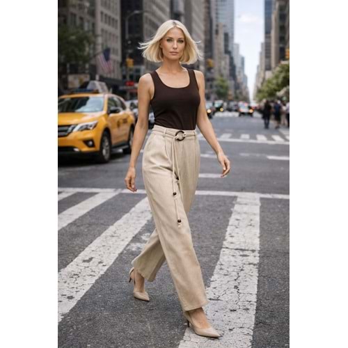 Krem Renk Premium Dökümlü Kesin Yüksek Bel Kemer Detaylı Yüksek Bel