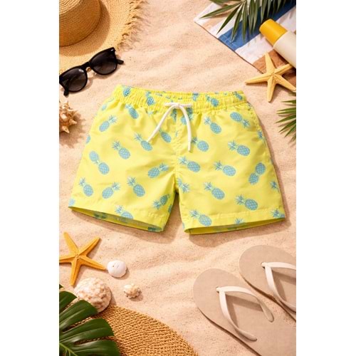 Yeni Sezon Erkek Çocuk Desenli Baskılı Bel Bağcıklı Şort Mayo Fileli Tam / Regular Kalıp - SARI - 3-4 YAŞ