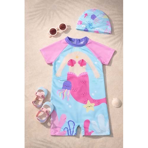 Kız Çocuk Yeni Sezon Deniz Kızı Plaj Mayo + Bone Set / Takım - PEMBE - 2-3 YAŞ
