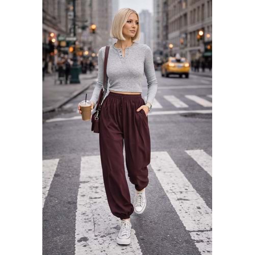 Bohem Rahat Kesim Lastik Paçalı Jogger Pantolon - BORDO - L
