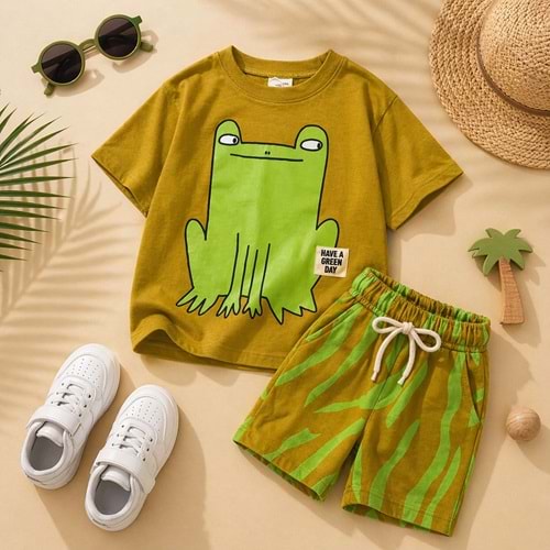 Sunny Frog Summer Set Sevimli Kurbağa Relaxed Alt Üst Takım - YEŞİL - 2-3 YAŞ