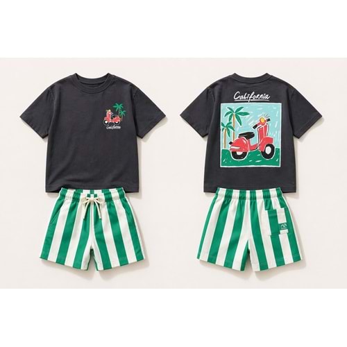 California Scooter Summer Set Blok Çizgili Şort / T-Shirt Takım - FÜME - 2-3 YAŞ