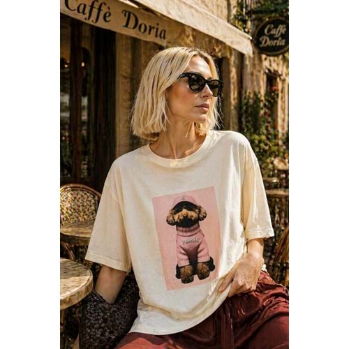 Paris Teddy Daily Chick Mode Baskılı Premium T-Shirt - PASTEL PEMBE - L - ST01114-PASTEL PEMBE-L