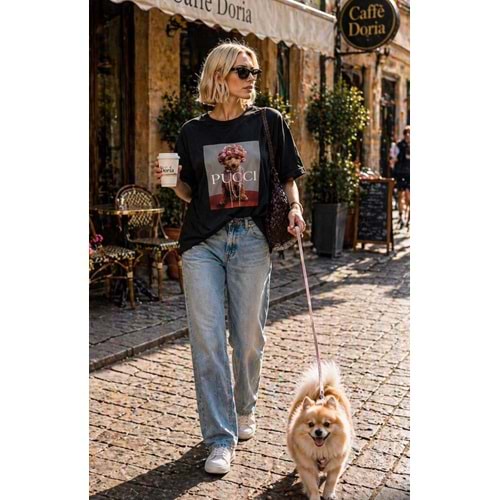 Pucci Süslü Premium Baskı Desen T-Shirt - SİYAH - L - ST01115-SİYAH-L