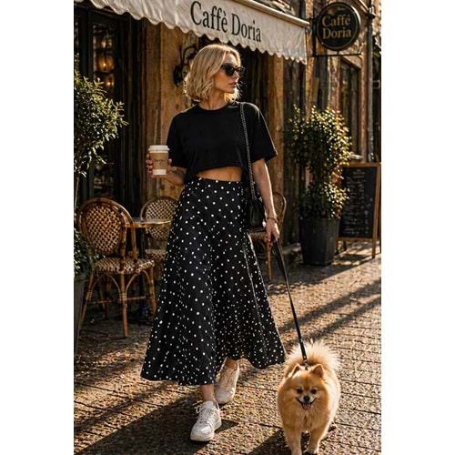 Soft Dot Chic Puantiyeli Midi Boy Etek - SİYAH - L - ST01116-SİYAH-L