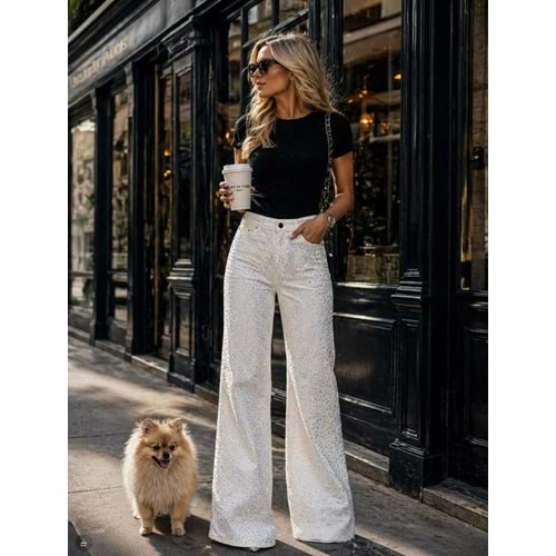 Shine Bright Like A Diamond Premium Ekru Parlak Jean / Kot Pantolon - BEYAZ - L - ST01118-BEYAZ-L