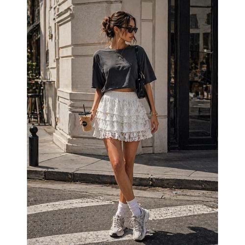 Daily Chic İç Şort Astarlı Katlı Hareketli Mini Etek Ekru - BEYAZ - L - ST01119-BEYAZ-L