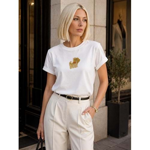 Taş Sarkıt Detaylı Premium T-Shirt - BEYAZ - L - ST01120-BEYAZ-L