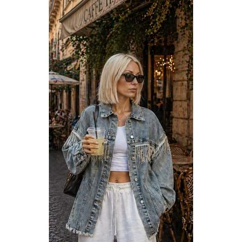 Taş Sarkıt Yıkama Detaylı Denim / Kot Ceket Yeni Sezon