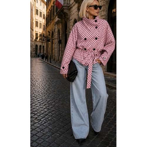 Pembe Puantiyeli Dik Yaka Detaylı Trençkot / Polkachic Belted Ceket - PEMBE - L - ST01126-PEMBE-L